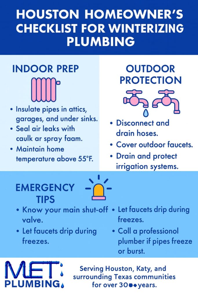 Infographic showing MET Plumbing’s Houston winter plumbing checklist with sections for indoor prep, outdoor protection, and emergency tips.