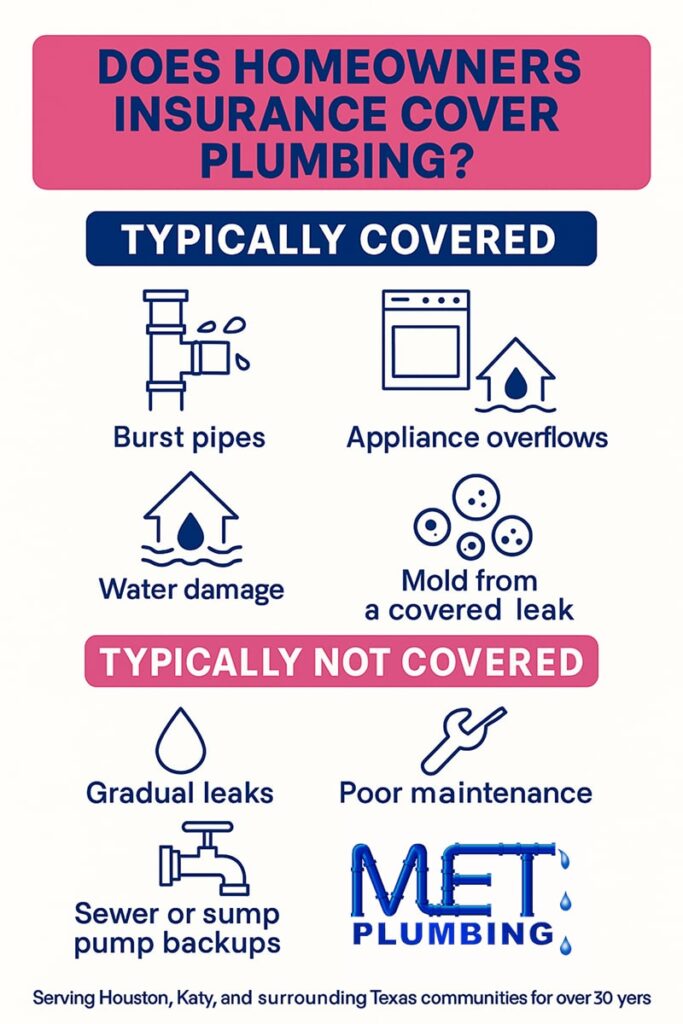 An infographic titled ‘Does Homeowners Insurance Cover Plumbing?’ in MET Plumbing’s blue, white, and pink colors, showing two sections: ‘Usually Covered’ with icons for burst pipes, appliance leaks, and water damage restoration, and ‘Not Covered’ with icons for gradual leaks, poor maintenance, and sewer backup. The MET Plumbing logo appears at the bottom.