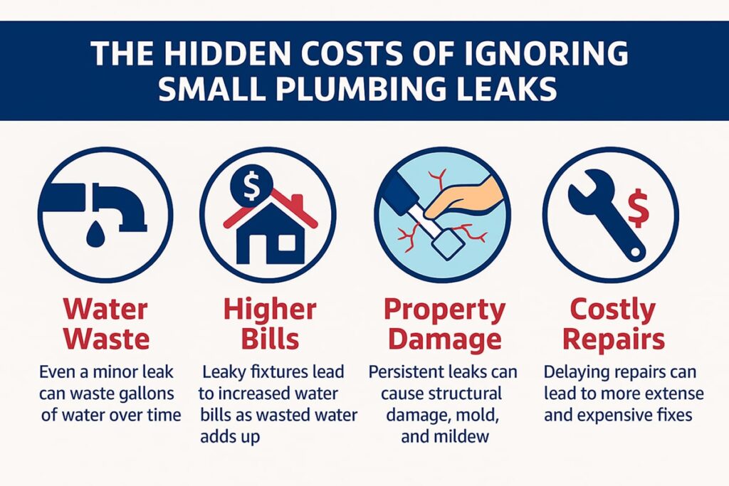 Infographic in MET Plumbing’s blue, white, and pink colors titled ‘The Hidden Costs of Ignoring Small Plumbing Leaks,’ showing water waste, hidden damage, cost comparisons, and prevention tips with simple icons and labeled sections.